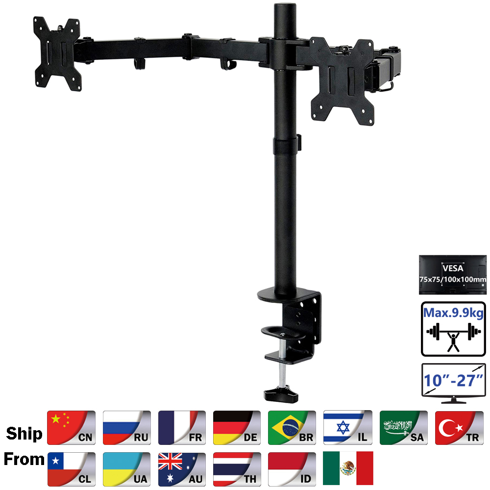 Dual Monitor Arm - デスクトップクランプスタンド,デュアルモニターブラケット,360度,10〜27インチのフルモーション,回転アームマウント,8kgの各ヘッド