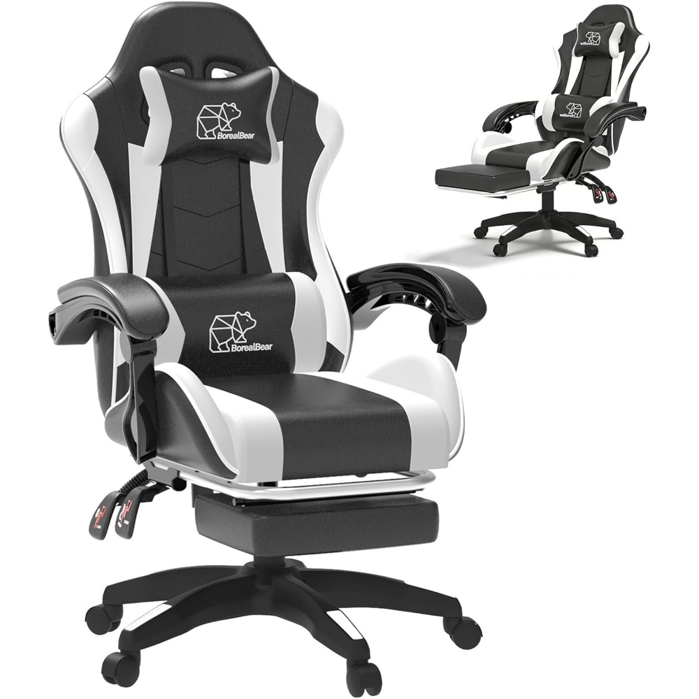 Pc Gaming Chair - コンピューターゲームチェア、人間工学に基づいたゲーミングチェア、フットレスト付きレザーオフィスチェア、背もたれリクライニング機能付き高さ調節可能ホワイト+ブラック