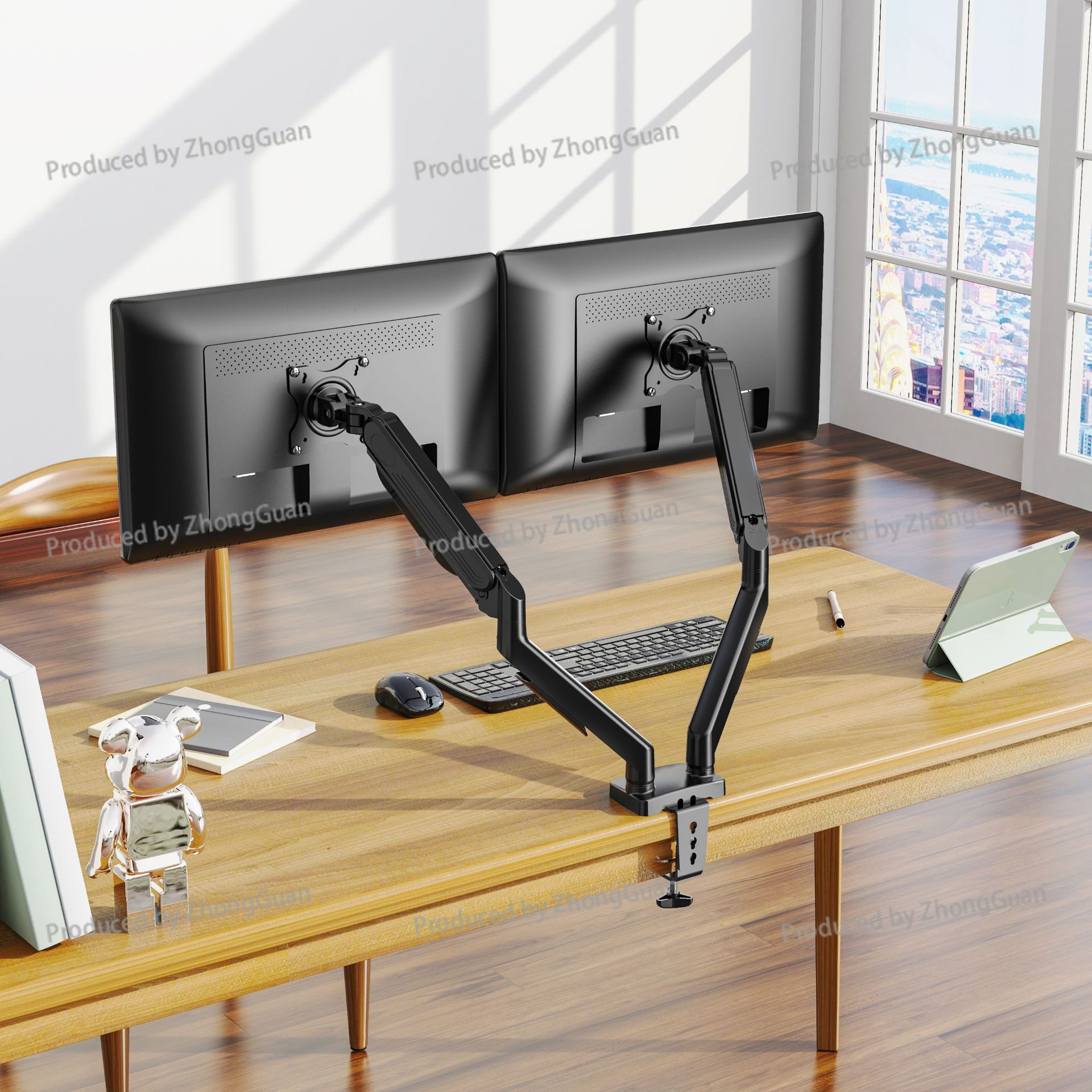 ガススプリング式デュアルアームモニターマウント、フリーフロー - Dual Monitor Arm のレビューと価格