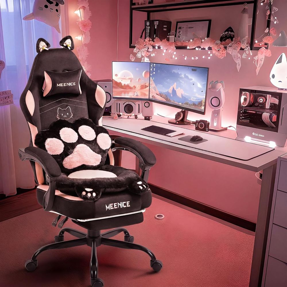 ピンクのゲーミングチェア、猫耳と肉球のクッションが付いたかわ - Pc Gaming Chair のレビューと価格